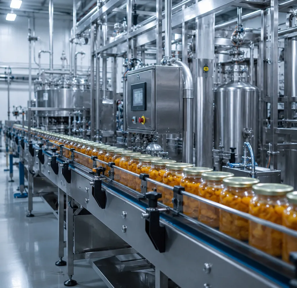 Sterile steel conveyor line with food jars representing Food Processing sector