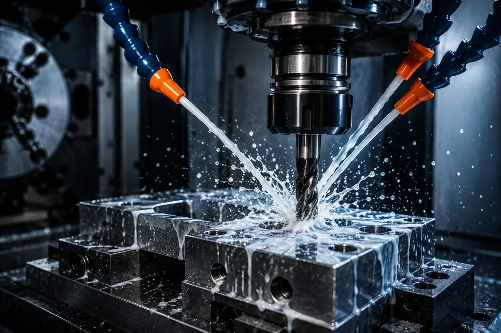 CNC lathe machining tool with cutting fluid representating Metalworking Fluids
